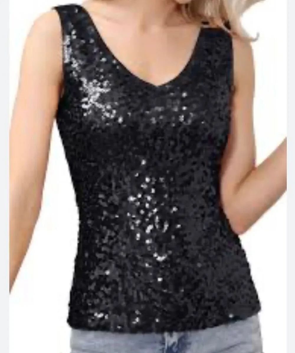 NWT Anna Kaci sparkly, V-neck, sequin, sleeveless tank top, sexy, glitter party